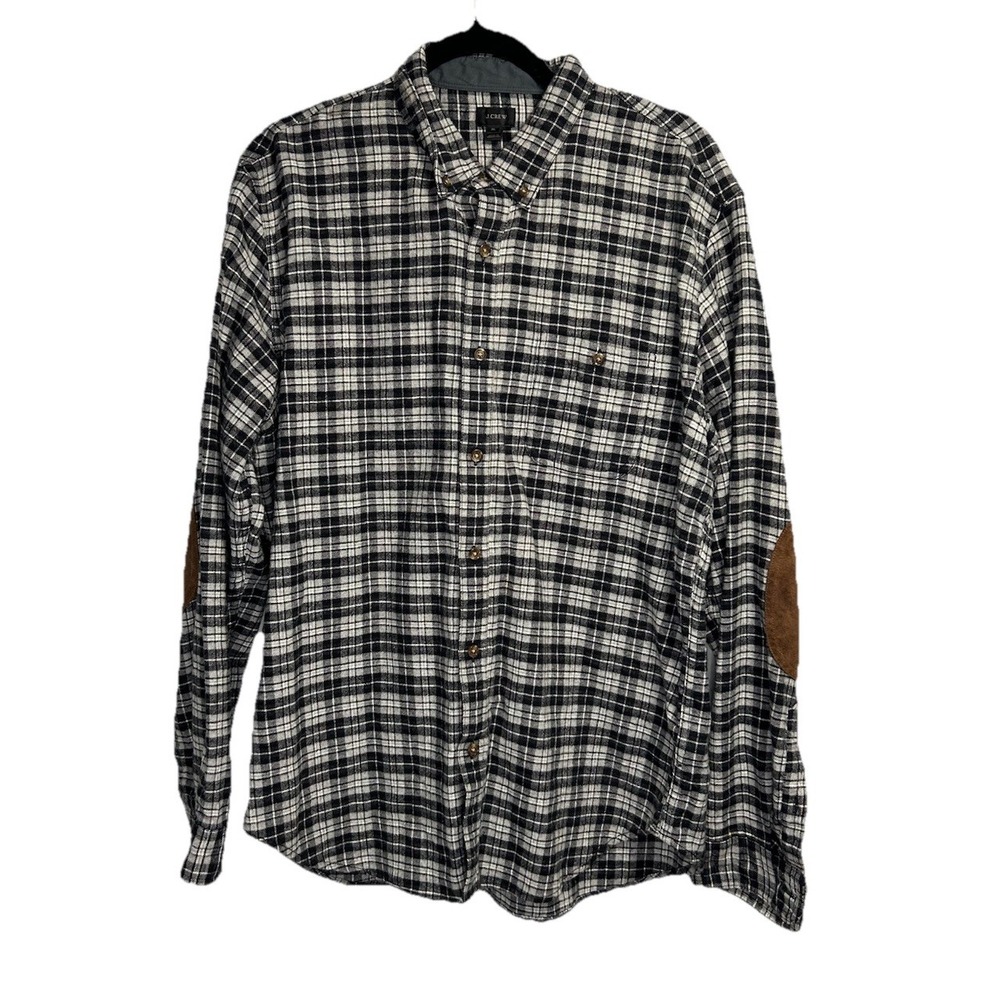 J. Crew Flannel Men's XL Black White Check Wool Elbow Patches Button Up Outdoors